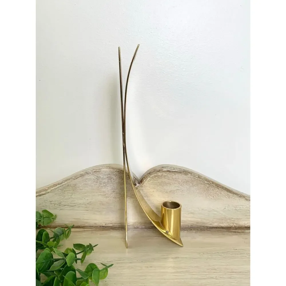 Vintage PartyLite Brass Wall Sconce Candle Holder Modern Curved Gold Tone Decor